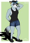 anthro black_nose blue_eyes bottomwear claws clothing fur hand_behind_head hand_in_pocket head_tuft highlights_(coloring) hotpants looking_at_viewer male pockets shorts simple_background sleeveless_shirt smile smug solo tattoo tuft white_body white_fur carrus mammal procyonid raccoon absurd_res hi_res shaded simple_shading