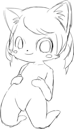 ambiguous_gender anthro blush blush_stickers drill_curls featureless_crotch hair kneeling looking_at_viewer simple_background smile solo white_background bunnag cat_busters chrona_(cat_busters) domestic_cat felid feline felis mammal digital_media_(artwork) monochrome sketch