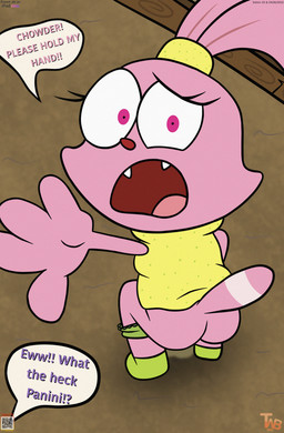 anthro begging bodily_fluids bottomwear clothed clothing clothing_lift duo fangs female fur genital_fluids male panties panties_down partially_clothed peeing pink_body pink_fur public public_exposure skirt skirt_lift teeth underwear underwear_down urine urine_stream young thedispenser69 cartoon_network chowder_(series) chowder panini_(chowder) lagomorph leporid mammal rabbit hi_res