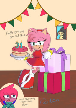 anthro birthday blue_eyes boots box cake clothing container dessert dress duo eyewear female food footwear fur gift_box glasses green_eyes male male/female pink_body pink_fur red_boots red_clothing red_dress red_footwear shoes gardizora nintendo pokemon sega sonic_the_hedgehog_(series) amy_rose fan_character aquatic eulipotyphlan fish generation_3_pokemon hedgehog mammal mawile pokemon_(species) shark hi_res