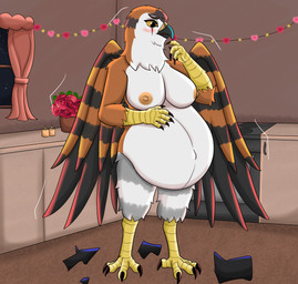 anthro beak belly belly_overhang big_breasts breasts comic_panel embarrassed female holding_belly nude pregnant solo wings furminko27 volcav avian bird 2026 absurd_res comic hi_res