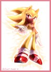 anthro biped border clothing floating footwear fur gloves handwear male pink_border red_eyes shoes simple_background solo super_form white_background yellow_body yellow_fur spacecolonie sega sonic_the_hedgehog_(series) sonic_the_hedgehog super_sonic eulipotyphlan hedgehog mammal 2014