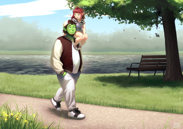 belly bench big_belly blue_eyes brown_hair closed_smile clothed clothing duo eyewear female flower footwear glasses grass green_body green_eyes green_skin grey_clothing hair male mouth_closed narrowed_eyes not_furry outside overweight overweight_humanoid overweight_male plant red_hair round_glasses shoes size_difference smile tan_body tan_skin tree walking water white_clothing white_footwear white_shoes yellow_flower azuza humanoid orc 2020 dated signature