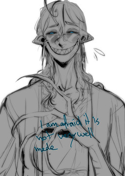 ahoge clothed clothing curly_hair dialogue grin hair humanoid_pointy_ears long_fingers long_hair male not_furry pointy_ears sharp_teeth shirt simple_background smile solo teeth text the_distortion_(tma) topwear blackberreh the_magnus_archives michael_shelley avatar_(tma) entity_(tma) humanoid mammal spiral_(tma) absurd_res digital_media_(artwork) english_text hi_res sketch