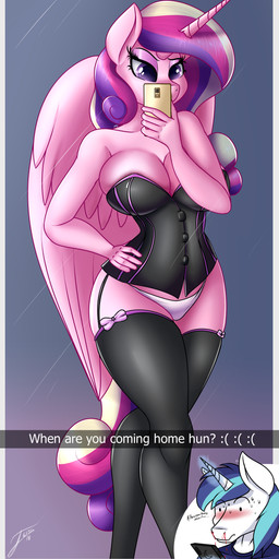 5_fingers anthro big_breasts blood blue_hair blush bodily_fluids border breasts camera_view caption cellphone cleavage clothed clothing corset duo electronics emoji eyebrows eyelashes eyeshadow feathered_wings feathers female fingers fully_clothed garter_belt garter_straps glowing glowing_horn grey_background hair hand_on_hip holding_object holding_phone horn legwear levitation lingerie magic makeup male male/female mascara multicolored_hair nosebleed panties phone pink_body pink_feathers pose presenting purple_eyes question_mark shirt simple_background smartphone solo_focus standing stockings sweat teasing text thick_thighs thigh_highs topwear two_tone_hair underwear white_border wide_eyed wings conditional_dnp nexcoyotlgt friendship_is_magic hasbro my_little_pony mythology snapchat princess_cadance_(mlp) shining_armor_(mlp) equid equine mammal mythological_creature mythological_equine unicorn winged_unicorn 2018 absurd_res english_text hi_res portrait signature three-quarter_portrait