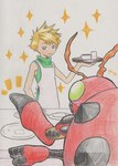 antennae_(anatomy) anthro apron blonde_hair blue_eyes clothing cooking duo green_eyes hair male plate red_body sleeveless_turtleneck tabasukotrr bandai_namco digimon matt_ishida digimon_(species) human mammal tentomon hi_res traditional_media_(artwork)