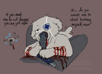 anthro anthro_on_feral bestiality blood bodily_fluids box_cutter duo erection eye_patch eyewear feral first_person_view for_a_head fur genitals gore holding_penis human_on_feral humanoid_genitalia humanoid_penis interspecies knife knife_play licking machine male male/male male_pov missing_eye oral penile penis penis_lick self-harm sex simple_background size_difference tongue wounded young puppyratcat avaya_(puppyratcat) felvin_(puppyratcat) cameraman_(skibidi_toilet) canid canine human humanoid mammal object_head