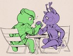 anthro antlers arm_wrestling clothed clothing duo horn male mime open_mouth smile surprise loodles happy_tree_friends flippy_(htf) mime_(htf) bear deer mammal