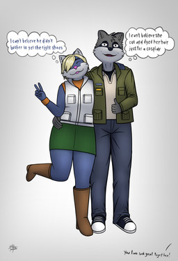 anthro blonde_hair blue_body clothed clothing cosplay duo female gesture grey_body hair hand_gesture male on_one_leg pose simple_background smile standing text thought_bubble thumbs_up tongue tongue_out v_sign white_body artifexincognitus konami silent_hill bethany_anderson craig_smith heather_mason james_sunderland domestic_cat felid feline felis mammal procyonid raccoon english_text hi_res