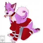 anthro biped candy candy_cane clothed clothing collar crossdressing dessert food holidays kneeling looking_at_viewer male smile solo mxquill_(artist) christmas canid canine mammal 1:1