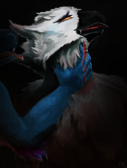 ahegao ambiguous_gender anthro asphyxiation blood blood_on_hand blood_stain bloodshot_eyes blue_body bodily_fluids choking claws drooling duo finger_claws half-closed_eyes looking_pleasured male male/ambiguous narrowed_eyes neck_grab saliva stab substance_intoxication violence white_body fluffle smowl avian bird dinosaur dromaeosaurid horned_owl owl prehistoric_species reptile saurischian scalie snowy_owl theropod true_owl hi_res