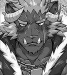 anthro blush broken_horn clothing facial_hair facial_scar hoodie horn male mane pecs scar sideburns solo topwear tusks boneless_hamham lifewonders tokyo_afterschool_summoners krampus_(tas) demon felid lion mammal pantherine monochrome