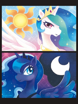 blue_body blue_eyes blue_feathers blue_fur blue_hair crown duo eyelashes feathered_wings feathers female feral fur hair headgear horn long_hair looking_aside looking_at_viewer moon multicolored_hair pink_eyes purple_hair smile sun teal_hair tiara white_body white_feathers white_fur wings kurieto friendship_is_magic hasbro my_little_pony mythology princess_celestia_(mlp) princess_luna_(mlp) equid equine mammal mythological_creature mythological_equine winged_unicorn
