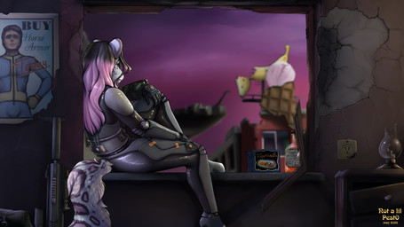 advertisement alcohol anthro banana beverage broken_window clothing dessert detailed_background female food fruit gun herm highlights_(coloring) horse_armor ice_cream intersex lamp markings plant purple_sky ranged_weapon rifle ruins sitting sitting_on_window_sill sky solo spots spotted_body sweetroll tail vault_suit weapon whiskey not_a_lil_pesto fallout microsoft chinese_stealth_suit jannet_cornwall todd_howard felid mammal pantherine snow_leopard tiger absurd_res hi_res meme watermark