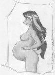 anthro areola belly big_belly breasts female hair hand_on_belly long_hair navel nipples nude outie_navel pregnant pregnant_anthro pregnant_female side_view smile solo tansil roslin lagomorph leporid mammal rabbit 2008 greyscale hi_res monochrome signature traditional_media_(artwork)