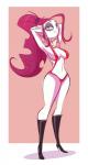 clothing ear_tails fangs female hair hands_behind_head looking_at_viewer not_furry pink_hair simple_background smile solo standing swimwear teeth herny school_for_vampires gruftine humanoid vampire hi_res