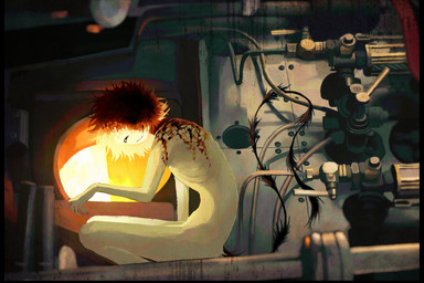 black_tail closed_smile detailed_background forge_(hearth) fur furnace inside machine male mouth_closed narrowed_eyes ribs sitting skinny_humanoid skinny_male smile solo squint tail tan_body tan_fur valve_(mechanical) jejejunum ember_(jejejunum) humanoid 3:2