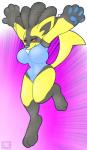 alternate_color anthro big_breasts breasts female gloves_(marking) leg_markings markings paws raised_arm red_eyes socks_(marking) spikes tail nut-case nintendo pokemon canid canine generation_4_pokemon lucario mammal pokemon_(species) shiny_pokemon hi_res