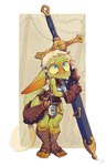 5_toes big_ears blue_eyes breasts brown_clothing brown_gloves brown_handwear clothed clothed_female clothed_humanoid clothing eyebrows feet female female_humanoid front_view gloves green_tail hair handwear holding_melee_weapon holding_object holding_sword holding_weapon humanoid_pointy_ears melee_weapon open_mouth pointy_ears short_hair small_waist solo sword tail tail_tuft thick_thighs toes tuft weapon white_eyebrows white_hair foresttherotten goblin humanoid tailed_humanoid 2023 absurd_res dated digital_media_(artwork) full-length_portrait hi_res portrait