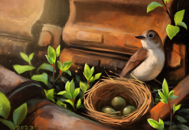 beak black_beak black_eyes brown_body brown_feathers brown_wings feathers feral green_eggs leaf plant solo stick_nest ukraine white_body white_feathers wings alexpahomov avian bird chat_(bird) nightingale old_world_flycatcher oscine passerine saxicoline 2023 digital_media_(artwork) digital_painting_(artwork) painting_(artwork)