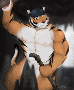 anthro clothing convenient_censorship flat_cap fur hat headgear headwear male muscular muscular_anthro muscular_male navel nipples nude_anthro nude_male pawpads pink_nipples pink_pawpads pipe solo striped_body striped_fur stripes whisker_spots pendoggo echo_(series) echo_project the_smoke_room feng_yaolin felid mammal pantherine tiger 2022 colored hi_res signature