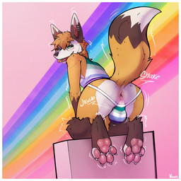 anthro anus backsack balls border brass_instrument bugle butt clothing ear_piercing ear_ring eyewear fluffy fluffy_tail fur genitals glasses green_eyes inner_ear_fluff jockstrap kneeling lgbt_pride looking_at_viewer looking_back looking_back_at_viewer male musical_instrument orange_body orange_fur pawpads piercing presenting presenting_hindquarters rainbow rear_view ring_piercing shaking_butt shirt solo tail tank_top topwear tuft underwear wearing_glasses white_border wind_instrument neelix canid canine fox mammal 1:1 absurd_res hi_res