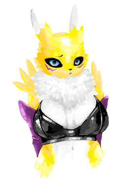 anthro armwear big_breasts black_background black_clothing black_nose black_sclera black_topwear blue_eyes breasts clothing dipstick_ears ear_markings facial_markings female front_view fur head_markings looking_at_viewer markings multicolored_ears navel neck_tuft purple_armwear purple_clothing simple_background solo topwear tuft white_background white_body white_fur yellow_body yellow_fur soundoutline bandai_namco digimon canid digimon_(species) mammal renamon