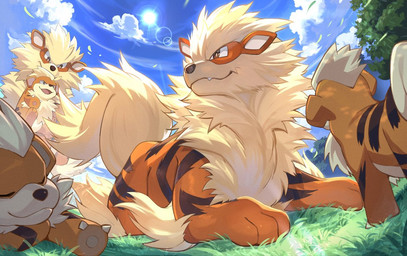 cloud day eyes_closed feral fur grass group open_mouth open_smile plant sky sleeping smile sun tree tuft dariku nintendo pokemon arcanine generation_1_pokemon growlithe pokemon_(species) 2022