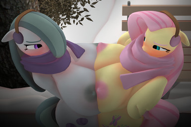 anthro anthrofied areola big_breasts biped blue_eyes blush breast_squish breasts breasts_frottage cutie_mark duo earmuffs eyelashes feathered_wings feathers female female/female grey_body grey_hair hair high-angle_view mostly_nude nipples pink_hair pupils purple_eyes scarf squish wings yellow_body purplefondue friendship_is_magic hasbro my_little_pony mythology fluttershy_(mlp) marble_pie_(mlp) earth_pony equid equine horse mammal mythological_creature mythological_equine pegasus pony 3d_(artwork) absurd_res digital_media_(artwork) hi_res