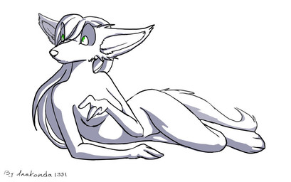 anthro female fur green_eyes hair long_hair nude simple_background solo tail white_background white_body white_fur white_hair anakonda1331 inuxi canid canine mammal source_request