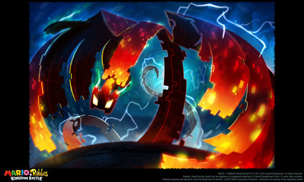 ambiguous_gender black_body black_wings cloud copyright_symbol electricity empty_eyes furrowed_eyebrows glowing glowing_horn green_horn horn light long_tail markings mouthless multicolored_body noseless outside red_body solo storm symbol tail text title wing_markings wings year yellow_markings yellow_sclera fabio_pochet mario_bros mario_plus_rabbids_kingdom_battle mythology nintendo raving_rabbids rayman_(series) ubisoft dragon megabug mythological_creature mythological_scalie scalie 2017 absurd_res colored concept_art crossover digital_drawing_(artwork) digital_media_(artwork) english_description english_text hi_res lighting official_art shaded