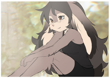 anthro black_hair border bottomwear brown_eyes clothed clothing day female floppy_ears fluffy fluffy_hair fluffy_tail forest freckles fur grey_body grey_fur hair light long_ears long_hair lop_ears morning plant shorts sitting sitting_on_ground smile solo sun sunlight tail tree white_body white_border white_fur elronya ronya suvi_(elronya) lagomorph leporid mammal rabbit