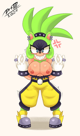 anthro big_breasts blue_eyes breasts clothed clothing cross-popping_vein ear_piercing female fur gloves green_body hair handwear looking_at_viewer nipples piercing pose sharp_teeth simple_background smile solo teeth thick_thighs chipxdip idw_publishing sega sonic_the_hedgehog_(comics) sonic_the_hedgehog_(idw) sonic_the_hedgehog_(series) surge_the_tenrec afrosoricid mammal tenrec 2024 dated digital_media_(artwork) hi_res pinup signature