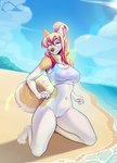 anthro beach blonde_hair blue_eyes bottomless clothed clothing cloud female fingers fur genitals hair half-closed_eyes kneeling lens_flare looking_at_viewer narrowed_eyes outside pussy sand sea seaside shirt sky smile solo tan_body tan_fur text topwear water white_body white_fur katfishcom linahusky canid canine canis domestic_dog husky mammal nordic_sled_dog spitz 2021 digital_drawing_(artwork) digital_media_(artwork) english_text hi_res watermark