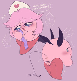 2_horns alternate_costume anus bedroom_eyes biped black_horn blue_eyes blush blush_stickers butt censor_bar censored_genitalia censored_vulva clothing condom condom_wrapper costume crossbar_emanata devil_costume dialogue emanata eyewear female genitals glasses grey_background hair heart_catchlight heart_symbol horn ineffective_censorship looking_at_viewer looking_back looking_back_at_viewer membrane_(anatomy) membranous_wings narrowed_eyes not_furry nurse_clothing nurse_uniform pink_anus pink_body pink_hair presenting presenting_anus presenting_hindquarters presenting_vulva puffy_anus red_body seductive sexual_barrier_device simple_background solo spade_tail speech_bubble tail tail_motion tailwag talking_to_viewer text uniform vulva wearing_glasses wearing_hat wings ariarik_o0 kirby_(series) nintendo kirby waddling_head 2023 censored digital_drawing_(artwork) digital_media_(artwork) english_text hi_res multiple_images