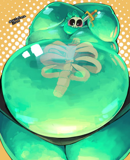 belly belly_overhang big_belly black_undershirt blush bone dagger green_body looking_at_viewer male melee_weapon overweight overweight_male raised_arms simple_background solo translucent translucent_body weapon yellow_eyes raitotuna monster_prom_(series) doug_(monster_con) goo_creature goo_humanoid humanoid 2026 hi_res