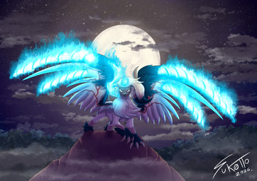1_horn black_nose blue_body blue_eyes chest_tuft claws digitigrade eyebrows fangs feral finger_claws forehead_gem fur fusion gem ghost_type glowing glowing_eyes grass group head_tuft heart_symbol horn looking_at_another magic mega_absol_apocalypse_mode mega_absol_omen_mode omen_mode plant purple_eyes quadruped sky smile solo standing tail teeth text toe_claws tree tuft white_body white_fur suk0tto nintendo pokemon pokemon_legends_z-a artemis_the_absol fan_character moria moria_(linkmasterchief) absol generation_3_pokemon generation_6_pokemon generation_9_pokemon ghost mega_absol mega_absol_z mega_evolution pokemon_(species) spirit hi_res