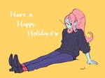 bottomwear clothing dessert doughnut eye_patch eyewear female fin food hair pants pastry ponytail red_hair shows simple_background sitting solo sweater topwear yellow_background noaharbre undertale_(series) undyne fish marine monster hi_res