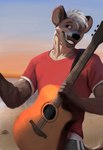 anthro athletic athletic_anthro athletic_male biped black_eyes brown_body brown_fur clothing fur guitar holding_guitar holding_musical_instrument holding_object looking_at_viewer male musical_instrument plucked_string_instrument red_clothing red_shirt red_topwear shirt solo string_instrument sunset topwear flyingliam1125 hyena mammal 2024 absurd_res hi_res