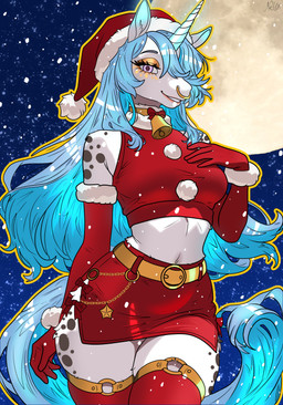 anthro armwear belt belt_buckle blue_hair bottomwear bow_ribbon breasts buckle chain choker christmas_clothing christmas_headwear clothing costume crop_top elbow_gloves eyelashes facial_piercing female gloves glowing glowing_eyes glowing_horn gold_makeup hair hand_on_breast handwear hat headgear headwear holidays horn jewelry legwear long_eyelashes long_hair long_tail looking_at_viewer markings medium_breasts moon narrow_shoulders necklace nose_piercing nose_ring pencil_skirt piercing purple_eyes ring_piercing santa_costume santa_hat shirt skirt sky snow snowing solo spots spotted_markings star starry_sky tail thick_thighs thigh_highs thigh_strap topwear wide_hips netok christmas mythology frostella equid equine horse mammal mythological_creature mythological_equine unicorn 2025 absurd_res digital_drawing_(artwork) digital_media_(artwork) hi_res shaded signature