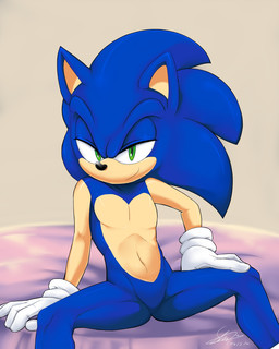 anthro bedding bedroom_eyes black_nose butt butt_from_the_front clothing countershade_arms countershade_torso countershading featureless_crotch glistening glistening_nose gloves green_eyes hand_on_leg handwear head_spines lidded_eyes male mischievous_smile narrowed_eyes navel pointy_ears presenting_crotch prick_ears quills_(anatomy) seductive simple_background sitting solo spread_legs spreading white_clothing white_gloves white_handwear f-sonic sega sonic_the_hedgehog_(series) sonic_the_hedgehog eulipotyphlan hedgehog mammal 4:5 hi_res