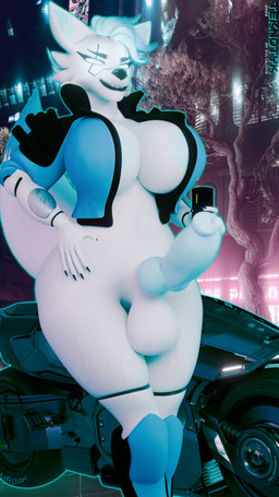 animal_genitalia animal_penis anthro areola areola_slip balls beverage big_breasts blue_eyes blue_hair bodily_fluids boots bottomless breasts canine_genitalia canine_penis clothed clothing cybernetics footwear fur genitals glowing glowing_eyes gynomorph hair hand_on_hip intersex jacket jacket_only knot legwear looking_at_viewer machine motorcycle outside penis shoes smile smiling_at_viewer solo sweat thick_thighs thigh_boots thigh_highs topwear topwear_only under_boob vehicle white_body white_fur wide_hips teknotyk vxast_(modeler) cd_projekt_red cyberpunk_2077 tekki_(teknotyk) canid canine exotic_(cyberpunk) fox mammal 3d_(artwork) absurd_res blender_(artwork) digital_media_(artwork) hi_res watermark
