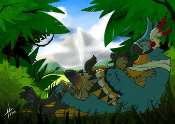 after_anal anthro anthro_on_anthro arm_feathers beak blue_body blue_feathers blue_sky claws closed_smile cloud day duo ears_back erection eyewear feathers fur genitals glasses glistening glistening_eyes grass grey_beak grey_hair hair humanoid_genitalia humanoid_penis lying male male/male mountain mouth_closed narrowed_eyes nude on_back on_top orange_eyes penis pivoted_ears plant prosthetic prosthetic_leg prosthetic_limb size_difference sky smile striped_arms striped_legs tan_body tan_fur toe_claws tree yellow_body yellow_eyes yellow_feathers hufnaar breath_of_the_wild nintendo the_legend_of_zelda kass_(tloz) avian canid canine mammal 2021 absurd_res alternate_version_at_source dated hi_res