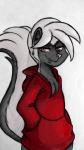 anthro chest_tuft clothed clothing half-closed_eyes hand_in_pocket hoodie looking_at_viewer male narrowed_eyes pockets red_eyes simple_background smile solo topwear tuft white_background inkyfrog disney zootopia fan_character hugh_muskroura mammal mephitid skunk 2017 9:16 traditional_media_(artwork)