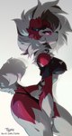 alternative_fashion anthro anthrofied big_butt breasts butt clothing collar crop_top curled_tail ear_piercing eyebrow_piercing eyelashes facial_piercing female female_anthro fluffy fluffy_ears fluffy_tail folded_ears fur hair highlights_(coloring) kemono markings midriff neck_tuft open_mouth panties piercing red_body red_eyes red_fur scene_haircut shirt shoulderless_shirt simple_background solo spiked_collar spikes tail thick_thighs topwear tuft underwear white_background white_body white_fur white_hair typh nintendo pokemon fan_character canid canine generation_7_pokemon lycanroc mammal midnight_lycanroc pokemon_(species) digital_media_(artwork) hi_res