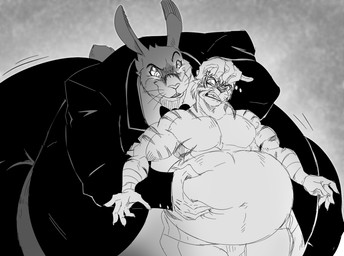 5_fingers anthro belly belly_grab bent_over big_belly bottomwear buckteeth claws clenched_teeth clothed clothing cross-popping_vein duo ears_up fangs fingers fur glowing glowing_eyes hair half-closed_eyes hand_on_belly hand_on_head male morbidly_obese morbidly_obese_anthro morbidly_obese_male musclegut muscular muscular_anthro muscular_male narrowed_eyes navel obese obese_anthro obese_male overweight overweight_anthro overweight_male pants scut_tail short_tail shorts size_difference smile striped_body striped_fur stripes suit suit_jacket tail teeth topless topless_anthro topless_male whiskers wide_eyed reagan700 benson_(reagan700) fan_character felid lagomorph leporid mammal pantherine rabbit tiger 2023 monochrome