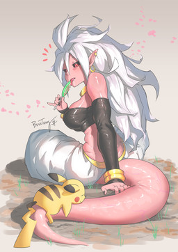 ambiguous_gender armwear barefoot bodily_fluids breasts candy clothing dessert duo ear_piercing ear_ring feet female feral food hair humanoid_pointy_ears lollipop long_hair piercing pink_body pink_skin pointy_ears red_eyes ring_piercing saliva simple_background sitting sitting_on_another sleeping white_hair bosstseng dragon_ball dragon_ball_fighterz nintendo pokemon android_21 majin_android_21 alien alien_humanoid generation_1_pokemon humanoid majin pikachu pokemon_(species) absurd_res crossover hi_res signature