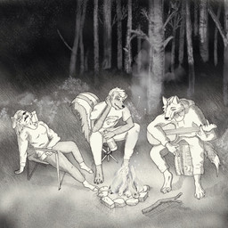 acoustic_guitar alcohol anthro beer beverage black_background black_body black_fur bottomwear breasts campfire clothed clothing feet female forest fur group guitar hair male music musical_instrument night pants plant plucked_string_instrument shirt simple_background sitting sleeping smoke stick string_instrument topwear tree white_body white_clothing white_fur white_hair skunkhotel canid canine canis deer mammal mephitid skunk wolf 1:1 absurd_res black_and_white cross-hatching digital_media_(artwork) graphite_(artwork) hatching_(art) hi_res monochrome shaded traditional_media_(artwork)