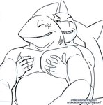 anthro blush duo eyes_closed male male/male moobs musclegut muscular one_eye_closed open_mouth sharp_teeth simple_background smile teeth teeth_showing website_url white_background artdecade tumblr fish marine shark