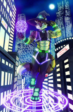 abs anthro bell bell_collar belt biceps bottomwear bracelet brown_body brown_fur bulge city city_background cityscape claws clothing collar crop_top cyberpunk detailed_background dreadlocks flying footwear fur glowing glowing_clothing glowing_collar grey_eyes hat headgear headwear jewelry leggings legwear lights looking_at_viewer magic magic_circle magic_user male midriff moon muscular muscular_anthro muscular_male navel night paw_shoes pawpads paws pecs shirt shoes solo stripes tail text topwear twunk witch witch_hat howlfeiwolf trevor_(greycait) domestic_cat felid feline felis mammal absurd_res detailed english_text hi_res signature watermark